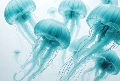 The primary subject of the image is a group of blue and green jellyfish. They are floating in a blue and white ocean, creating a serene and calming atmosphere. The visual style of the image is a photo, capturing the beauty of the jellyfish in their natural environment. The colors and mood of the image are predominantly blue and green, with the blue ocean and green jellyfish creating a sense of tranquility and harmony.