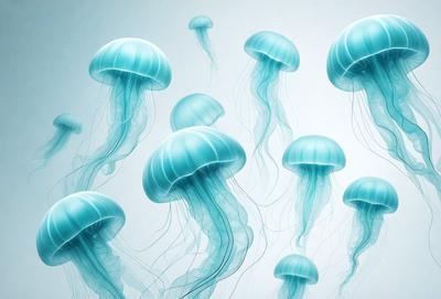 The primary subject of the image is a group of blue and white jellyfish. They are floating in a blue background, creating a serene and calming atmosphere. The visual style of the image is a digital art or illustration, as the jellyfish are depicted in a detailed and realistic manner. The colors and mood of the image are predominantly blue and white, which are associated with tranquility and relaxation.