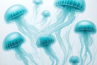 The primary subject of the image is a group of blue and white jellyfish floating in a blue and white ocean. The setting is a vast, open ocean with a clear blue sky. The visual style is a combination of digital art and illustration, creating a vibrant and lively atmosphere. The colors and mood of the image are predominantly blue and white, giving it a serene and calming feel.