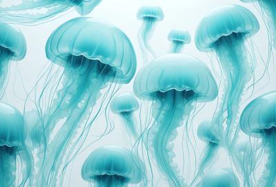 The primary subject of the image is a group of blue and white jellyfish. They are floating in a blue and white ocean, creating a serene and calming atmosphere. The visual style of the image is a combination of photo and digital art, as it appears to be a close-up of the jellyfish, but also has a slightly surreal and artistic quality to it. The colors and mood of the image are predominantly blue and white, with a touch of aqua, which evoke a sense of tran
