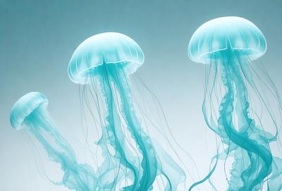 The primary subject of the image is a group of three blue and white jellyfish floating in a blue ocean. The setting is a clear blue sky, which serves as the background for the scene. The visual style of the image is a combination of photo and digital art, creating a realistic yet artistic representation of the jellyfish. The colors and mood of the image are predominantly blue and white, giving it a calm and serene atmosphere.