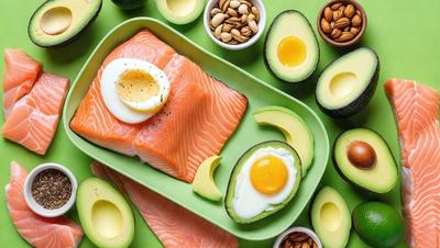 The primary subject of the image is a plate of food, which includes a variety of items such as fish, eggs, and nuts. The plate is placed on a green surface, which could be a table or a counter. The visual style of the image is a close-up of the plate, showcasing the food items in detail. The colors and mood of the image are vibrant and appetizing, with the green surface adding a fresh and natural touch to the scene.