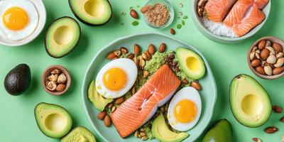 The primary subject of the image is a plate of food, which includes a variety of ingredients such as eggs, fish, nuts, and avocado. The plate is placed on a green surface, which adds a vibrant and fresh touch to the scene. The visual style of the image is a close-up, allowing the viewer to appreciate the details of the food items. The colors and mood of the image are predominantly green and fresh, reflecting the natural and healthy nature of the food.