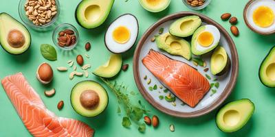 The primary subject of the image is a plate of food, which includes a variety of food items such as fish, avocado, and nuts. The plate is placed on a green surface, which adds a vibrant and fresh touch to the scene. The visual style of the image is a close-up, showcasing the details of the food items. The colors and mood of the image are predominantly green and fresh, reflecting the natural and healthy nature of the food items.