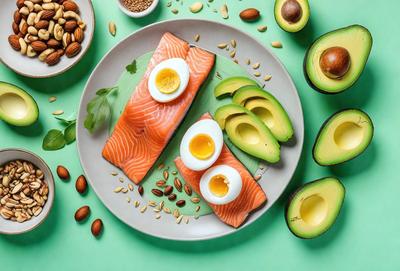 The primary subject of the image is a plate of food, which includes fish, eggs, and avocado. The plate is placed on a green surface, which adds a vibrant and fresh touch to the scene. The visual style of the image is a close-up, showcasing the details of the food items. The colors and mood of the image are predominantly green, which is associated with freshness and growth.