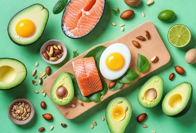 The primary subject of the image is a wooden cutting board with a variety of food items on it. The cutting board is placed on a green surface, which adds a vibrant and fresh touch to the scene. The food items include eggs, fish, and nuts, all arranged neatly on the cutting board. The visual style of the image is a close-up, showcasing the details of the food items and the cutting board. The colors and mood of the image are bright and inviting, with the green surface and the