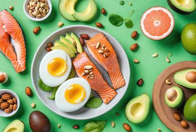The primary subject of the image is a plate filled with a variety of food items, including eggs, fish, and nuts. The plate is placed on a green surface, which adds a vibrant and fresh touch to the scene. The visual style of the image is a close-up, showcasing the details of the food items. The colors and mood of the image are predominantly green, which gives it a fresh and natural feel.