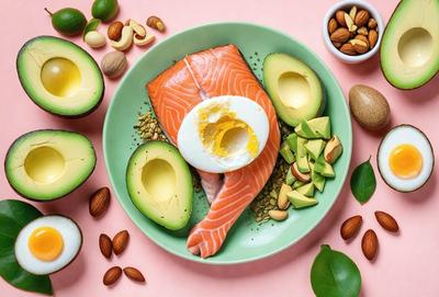 The primary subject of the image is a plate of food, which includes fish, avocado, and nuts. The plate is placed on a pink surface, which adds a vibrant touch to the scene. The visual style of the image is a close-up of the plate, showcasing the food items in detail. The colors and mood of the image are warm and inviting, with the pink background complementing the fresh and appetizing food items.