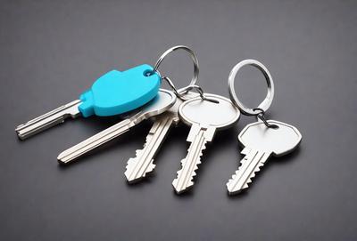 The primary subject of the image is a set of keys, which are silver and blue in color. The keys are arranged in a row, with each key being slightly different in size and shape. The setting is a gray background, which provides a clean and minimalist look to the image. The visual style is a close-up of the keys, allowing for a detailed view of their intricate details. The colors and mood of the image are neutral and professional, as the silver and blue keys create a sense of order and organization.