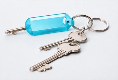 The primary subject of the image is a pair of silver keys. The keys are placed on a white surface, which serves as the setting or background. The visual style of the image is a photo, capturing the details of the keys and the surface they are placed on. The colors in the image are predominantly silver and white, giving the scene a clean and minimalist appearance.
