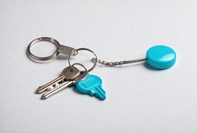 The primary subject of the image is a set of keys, which are blue and silver in color. The keys are attached to a keychain, and they are placed on a white surface. The setting appears to be indoors, and the visual style is a close-up of the keys and keychain. The overall atmosphere of the image is clean and organized, with the keys and keychain being the main focus.
