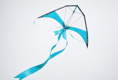 The primary subject of the image is a kite, which is flying in the sky. The kite is blue and white, and it appears to be a large, colorful object. The setting is a clear, cloudless sky, which provides a perfect backdrop for the kite's flight. The visual style of the image is a photo, capturing the kite's movement and vibrant colors. The overall atmosphere of the image is lively and joyful, as the kite soars through the sky, creating