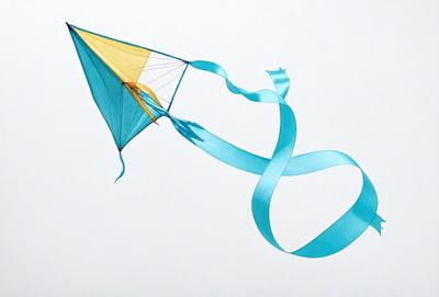 The primary subject of the image is a blue and yellow kite. The kite is flying in the sky, and it appears to be a digital art or illustration. The setting is a white background, which provides a clean and uncluttered appearance. The colors of the kite are predominantly blue and yellow, creating a lively and cheerful atmosphere.