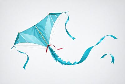 The primary subject of the image is a blue and white kite. The kite is flying in the sky, and its tail is trailing behind it. The setting is a white background, which provides a clean and uncluttered environment for the kite to be the main focus. The visual style of the image is a combination of photo and digital art, creating a realistic yet artistic representation of the kite in flight. The colors and mood of the image are predominantly blue and white, giving it a calm and ser