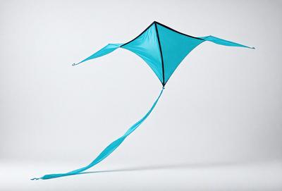 The primary subject of the image is a blue kite flying in the air. The kite is shaped like a butterfly and is soaring high in the sky. The setting is a white background, which provides a clean and uncluttered environment for the kite to be the main focus. The visual style of the image is a photo, capturing the kite in its natural flight. The colors and mood of the image are predominantly blue, creating a sense of calmness and freedom.