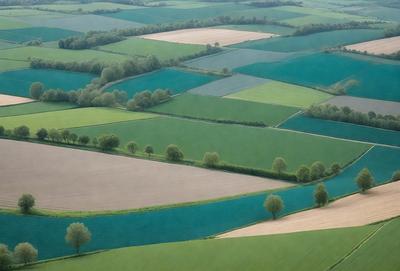 The primary subject of the image is a large, lush green field with a tree in the middle. The field is surrounded by a blue border, giving it a unique and visually appealing appearance. The setting appears to be a rural area with a mix of green and blue colors, creating a serene and peaceful atmosphere. The visual style of the image is a combination of natural elements and a touch of artistic design, making it a captivating and eye-catching scene.