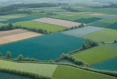 The image features a large, lush green field with a variety of crops, including trees and bushes. The field is divided into different sections, creating a visually appealing and organized landscape. The vibrant colors and the presence of trees and bushes contribute to a serene and peaceful atmosphere. The image appears to be a photo, capturing the beauty of the natural environment.