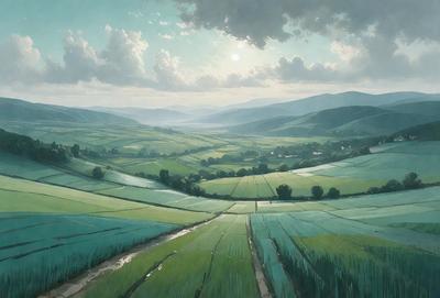 The primary subject of the image is a large, lush green field with a river running through it. The field is filled with tall, green grass, and it appears to be a sunny day. The setting is a beautiful, mountainous landscape, with the mountains visible in the background. The visual style of the image is a painting, which adds to the overall atmosphere and mood of the scene.