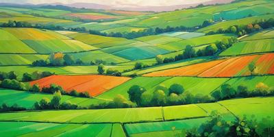 The primary subject of the image is a lush green field with a variety of colors, including red, orange, and yellow. The setting is a large, open field with trees in the background. The visual style is a painting, which showcases the vibrant colors and the intricate details of the landscape. The colors and mood of the painting evoke a sense of tranquility and natural beauty.