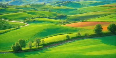 The primary subject of the image is a lush green field with a tree in the foreground. The field is filled with green grass, and it appears to be a sunny day. The setting is a beautiful, grassy hillside with a serene atmosphere. The visual style of the image is a photo, capturing the natural beauty of the landscape.