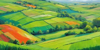 The primary subject of the image is a lush green field with a variety of colors, including red and orange. The field is situated in a valley, and the overall atmosphere is vibrant and serene. The visual style of the image is a painting, which adds to the artistic and natural beauty of the scene.