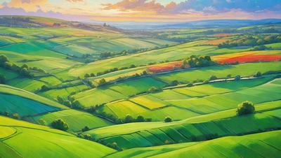The primary subject of the image is a lush green field with a variety of colors, including yellow and red. The field is situated in a valley, and the sun is setting in the background, creating a serene and picturesque scene. The visual style of the image is a combination of photo and digital art, with the vibrant colors and intricate details of the field and sky. The overall atmosphere of the image is one of tranquility and beauty, as the sun sets and the valley is bathed in its warm light.