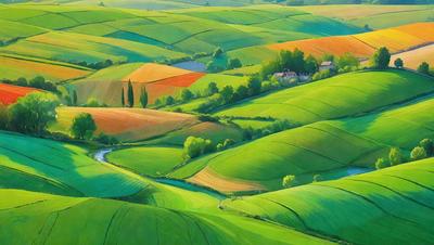 The primary subject of the image is a lush green field with a small village in the background. The field is filled with vibrant colors, creating a serene and picturesque scene. The visual style of the image is a painting, which adds to the overall atmosphere and mood of the scene.
