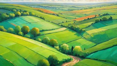 The primary subject of the image is a large, lush green field with a dirt road running through it. The setting is a picturesque countryside with a mountainous background. The visual style is a combination of a painting and a digital illustration, creating a vibrant and colorful scene. The colors and mood are predominantly green, with a sense of tranquility and natural beauty.