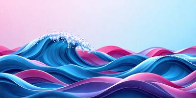 The primary subject of the image is a large wave in the ocean. The wave is blue and pink, creating a vibrant and colorful scene. The setting is the ocean, with the wave crashing against the water. The visual style of the image is digital art, as it appears to be a painting or illustration of a wave. The dominant colors in the image are blue and pink, creating a lively and energetic atmosphere.
