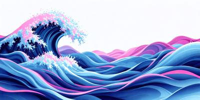 The primary subject of the image is a large wave with a tree branch on top of it. The wave is blue and pink, creating a vibrant and lively atmosphere. The setting is a blue ocean, with the wave being the main focus of the scene. The visual style is a combination of digital art and illustration, giving the image a unique and artistic appearance. The colors and mood convey a sense of energy and excitement, as the wave seems to be crashing down on the ocean.