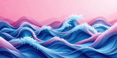 The primary subject of the image is a large, colorful wave with a pink and blue gradient. The wave is depicted in a digital art style, giving it a vibrant and dynamic appearance. The setting is a vast ocean, with the wave being the main focus of the scene. The visual style is a mix of realism and artistic expression, creating a unique and captivating image. The dominant colors are pink and blue, which evoke a sense of tranquility and beauty in the ocean setting.