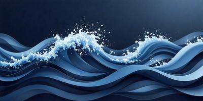 The primary subject of the image is a large wave in the ocean. The wave is blue and white, and it appears to be crashing onto the ocean floor. The setting is the ocean, with the wave being the main focus of the image. The visual style is a painting, which gives the image a more artistic and dynamic appearance. The dominant colors are blue and white, creating a sense of motion and energy in the scene.
