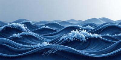 The primary subject of the image is a large body of blue water with waves. The setting is a vast ocean, and the visual style is a digital art or illustration. The dominant colors are blue and white, creating a serene and calming atmosphere.