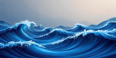 The primary subject of the image is a large body of blue water, with waves crashing and foam forming. The setting is a vast ocean, and the visual style is a digital art or illustration. The dominant colors are blue and white, creating a serene and calming atmosphere.
