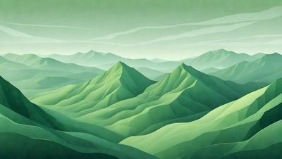 The primary subject of the image is a lush green mountain range with a cloudy sky in the background. The setting is a vast, green landscape with a mountainous terrain. The visual style is a combination of digital art and illustration, creating a vibrant and detailed scene. The colors and mood are predominantly green, conveying a sense of tranquility and natural beauty.