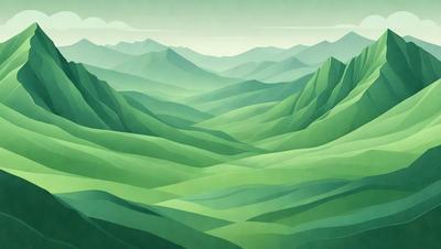 The image is a digital artwork featuring a lush green mountain landscape. The primary subject is a large, detailed mountain range with a variety of green hues. The setting is a vast, open field with a mountainous backdrop. The visual style is a combination of realistic elements and digital art techniques, creating a vibrant and captivating scene. The colors and mood convey a sense of tranquility and natural beauty, inviting the viewer to explore the serene landscape.