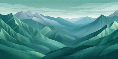 The primary subject of the image is a mountain range with a blue sky in the background. The setting is a lush green forest, and the visual style is a combination of digital art and illustration. The dominant colors are blue and green, creating a serene and peaceful atmosphere.