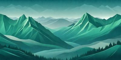 The image is a digital artwork featuring a mountainous landscape with a lush green color palette. The primary subject is a mountain range with a valley in the foreground. The setting is a mountainous area with a sky background, creating a serene and picturesque scene. The visual style is a combination of digital art and illustration, giving the image a unique and artistic appearance. The colors and mood convey a sense of tranquility and natural beauty, making it an appealing and captivating piece of art.