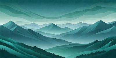 The primary subject of the image is a mountain range with a blue sky in the background. The setting is a mountainous landscape, and the visual style is a digital art or illustration. The dominant colors are blue and green, creating a serene and peaceful atmosphere.