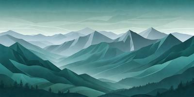 The primary subject of the image is a mountain range with a blue sky in the background. The setting is a mountainous landscape, and the visual style is a combination of digital art and illustration. The dominant colors are blue and green, creating a serene and peaceful atmosphere.