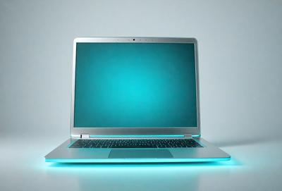 The primary subject of the image is a laptop computer. The laptop is sitting on a white surface, which appears to be a table. The laptop screen is lit up, creating a glowing effect. The visual style of the image is a photo, capturing the laptop in its natural environment. The colors and mood of the image are predominantly white and blue, giving it a clean and modern appearance.