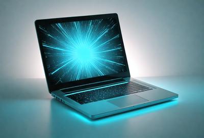 The primary subject of the image is a laptop computer. The laptop is open and sitting on a table. The setting is a white table, and the visual style is a photo. The laptop has a blue and green light shining on it, creating a vibrant and colorful atmosphere.