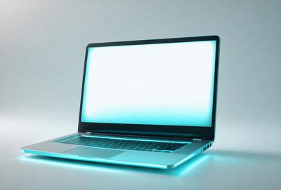 The primary subject of the image is a laptop computer. The laptop is sitting on a table, and its screen is lit up with a blue glow. The setting appears to be a white background, which creates a clean and minimalist look. The visual style of the image is a photo, capturing the laptop in its natural environment. The colors and mood of the image are predominantly blue, giving it a calm and soothing atmosphere.