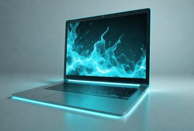 The primary subject of the image is a laptop computer. The laptop is open and has a blue screen with a flowing water effect. The setting is a white background, which provides a clean and minimalist appearance. The visual style is a combination of digital art and illustration, creating a unique and eye-catching display. The dominant colors are blue and white, giving the image a calming and modern atmosphere.