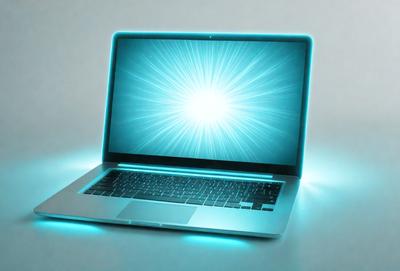 The primary subject of the image is a laptop computer. The laptop is open and sitting on a table. The setting is a white background, which provides a clean and minimalistic appearance. The visual style is a digital art, as the laptop screen is depicted with a blue glow, giving it a futuristic and modern look. The colors and mood of the image are predominantly blue, creating a calm and sophisticated atmosphere.