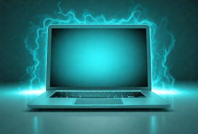 The primary subject of the image is a laptop computer. The laptop is placed on a table, and it is surrounded by a blue background. The visual style of the image is digital art, as it appears to be a computer-generated or digitally manipulated image. The dominant colors in the image are blue and white, creating a calm and professional atmosphere.