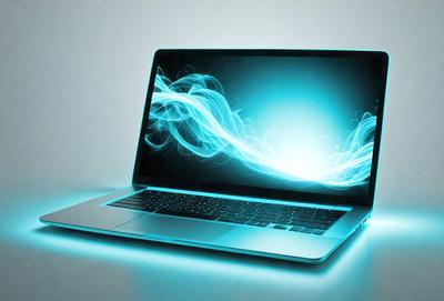 The primary subject of the image is a laptop computer. The laptop is open and sitting on a table. The setting is a white background, which provides a clean and minimalistic appearance. The visual style is a digital art, as the laptop is depicted with a blue and purple glow, giving it a futuristic and modern look. The colors and mood of the image are predominantly blue and purple, creating a sense of calmness and sophistication.