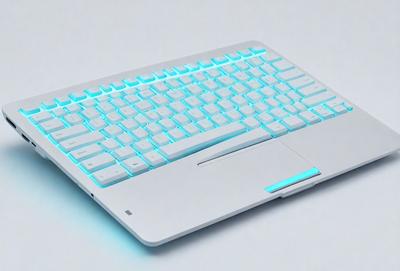 The primary subject of the image is a white laptop computer with a blue keyboard. The laptop is placed on a white surface, which creates a clean and minimalist appearance. The blue keyboard adds a touch of color and contrast to the otherwise monochromatic scene. The visual style of the image is a combination of photo and digital art, as it captures the details of the laptop and keyboard while also showcasing the vibrant blue color. The overall atmosphere of the image is modern and sleek, with a focus on the laptop and