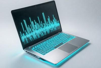 The primary subject of the image is a laptop computer. The laptop is open and has a blue and green light display on the screen. The laptop is placed on a white surface, which serves as the setting or background of the image. The visual style of the image is a combination of digital art and illustration, as the laptop screen displays a unique and colorful pattern. The colors and mood of the image are predominantly blue and green, creating a calm and visually appealing atmosphere.