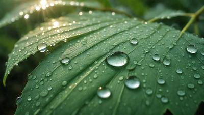 The primary subject of the image is a close-up of a leaf with water droplets on it. The leaf is green and appears to be a part of a plant. The setting is outdoors, with the leaf being the main focus of the image. The visual style is a close-up, which emphasizes the details of the water droplets on the leaf. The colors in the image are predominantly green, which adds to the natural and serene atmosphere of the scene.